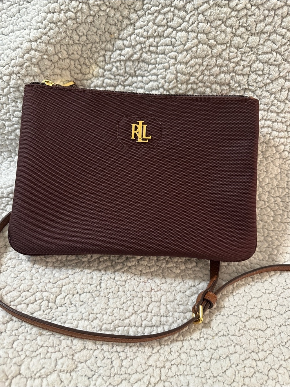 Ralph Lauren wine burgundy crossbody with gold RL emblem